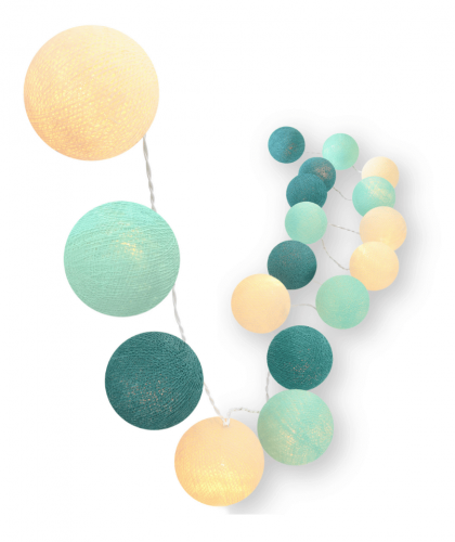 LED Lichterkette Aqua Mint Blau creme Kugeln Wohnzimmer Flur Kinderzimmer Schlafzimmer Cotton Ball Lights USB Timer Dimmer Fenster Kinderzimmer Babyzimmer Lichtergirlande Blaue LED Lichterkette Aqua mit Kugeln in Creme, Mint und Aqua – batteriebetrieben oder per USB und Netzteil strombetrieben nutzbar, warmweißes Licht für Wohn-, Schlaf- und Kinderzimmer.