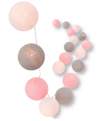 LED Cotton Ball Lichterkette Home Sweet Home mit weißen, rosa und grauen Kugeln – warmweißes Schlummerlicht, strom- oder batteriebetrieben, ideal fürs Baby- und Kinderzimmer