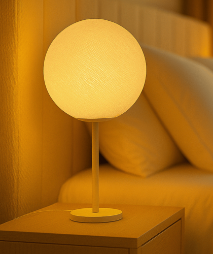 LED Tischlampe Tischleuchte Kugel Nachttischlampe Nachtlicht Wohnzimmer Schlafzimmer Lampe Leuchte Kinderzimmer Creme modern Cremefarbene Tischlampe mit handgefertigter Baumwollkugel auf weißem Standfuß auf dem Nachttisch; warmweißes LED-Licht für eine ruhige Schlafzimmer-Atmosphäre.
