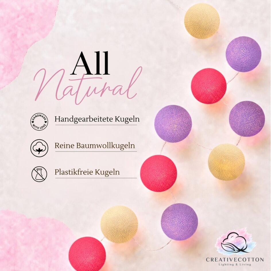 LED Lichterkette Berries Kugeln weiß creme pink lila violett warm Babyzimmer Kinderzimmer Wohnzimmer Schlafzimmer gemütlich Mädchen Junge Jungenzimmer bunt LED Kinderzimmer-Lichterkette mit Kugeln in Creme, Violett und Pink – warmweißes Licht, mit USB-Stecker, Timer und Dimmer, ideal für Babyzimmer oder als bunte Wanddeko im Wohnzimmer und Schlafzimmer.
