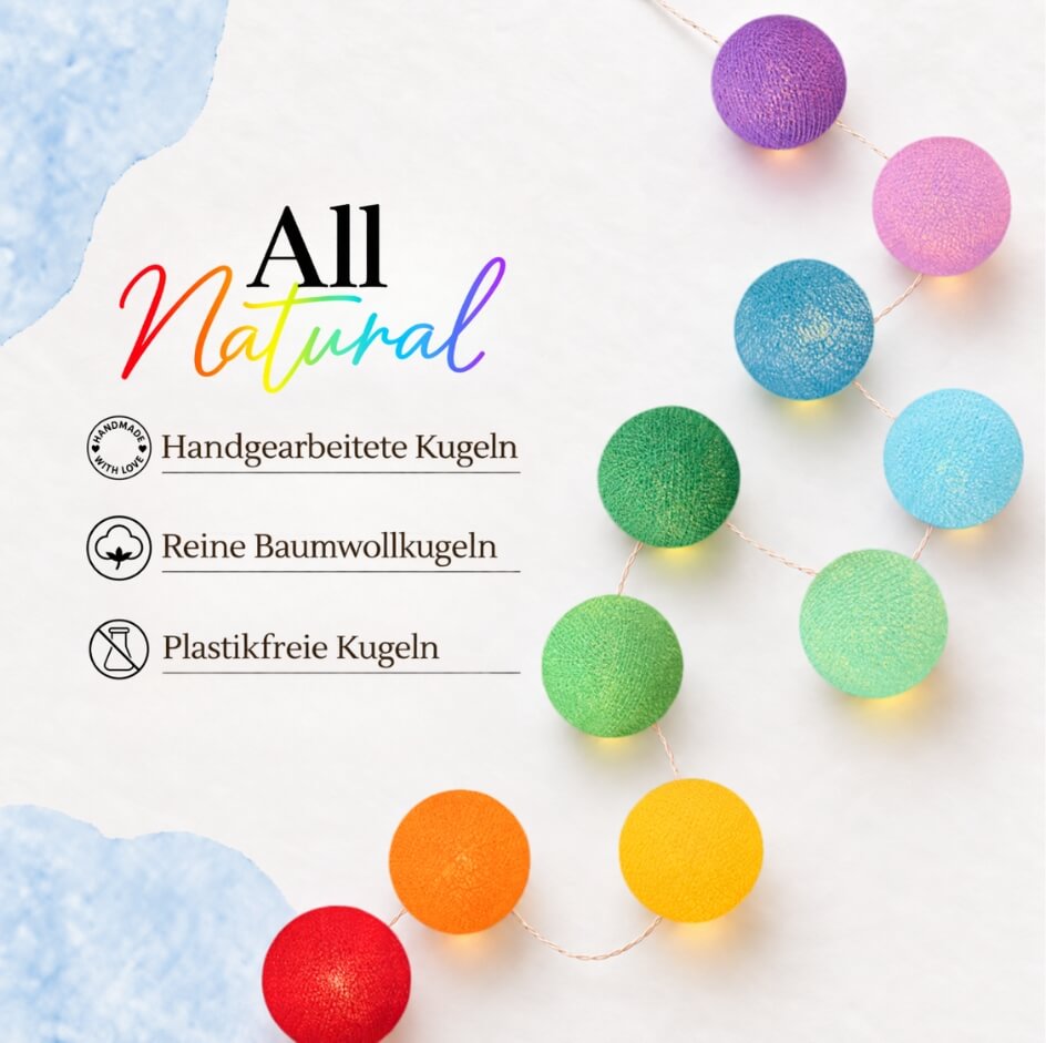 LED Lichterkette Regenbogen Kugeln rot orange gelb grün violett blau warm Babyzimmer Kinderzimmer Wohnzimmer Schlafzimmer gemütlich Mädchen Junge Jungenzimmer mint Bunte LED Lichterkette Regenbogen mit vielen Farben – warmweißes Schlummerlicht, ideal für Babyzimmer von Mädchen und Jungen