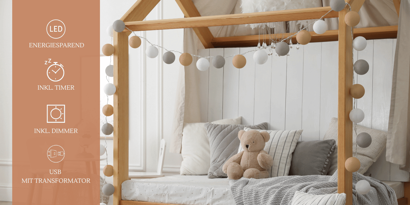 LED Dekolichterkette mit Baumwollkugeln in Naturtönen – Weiß, Grau und Braun – mit Schalter, USB und weißem Kabel, ideal für Treppengeländer, Babyzimmer oder zurückhaltende Deko