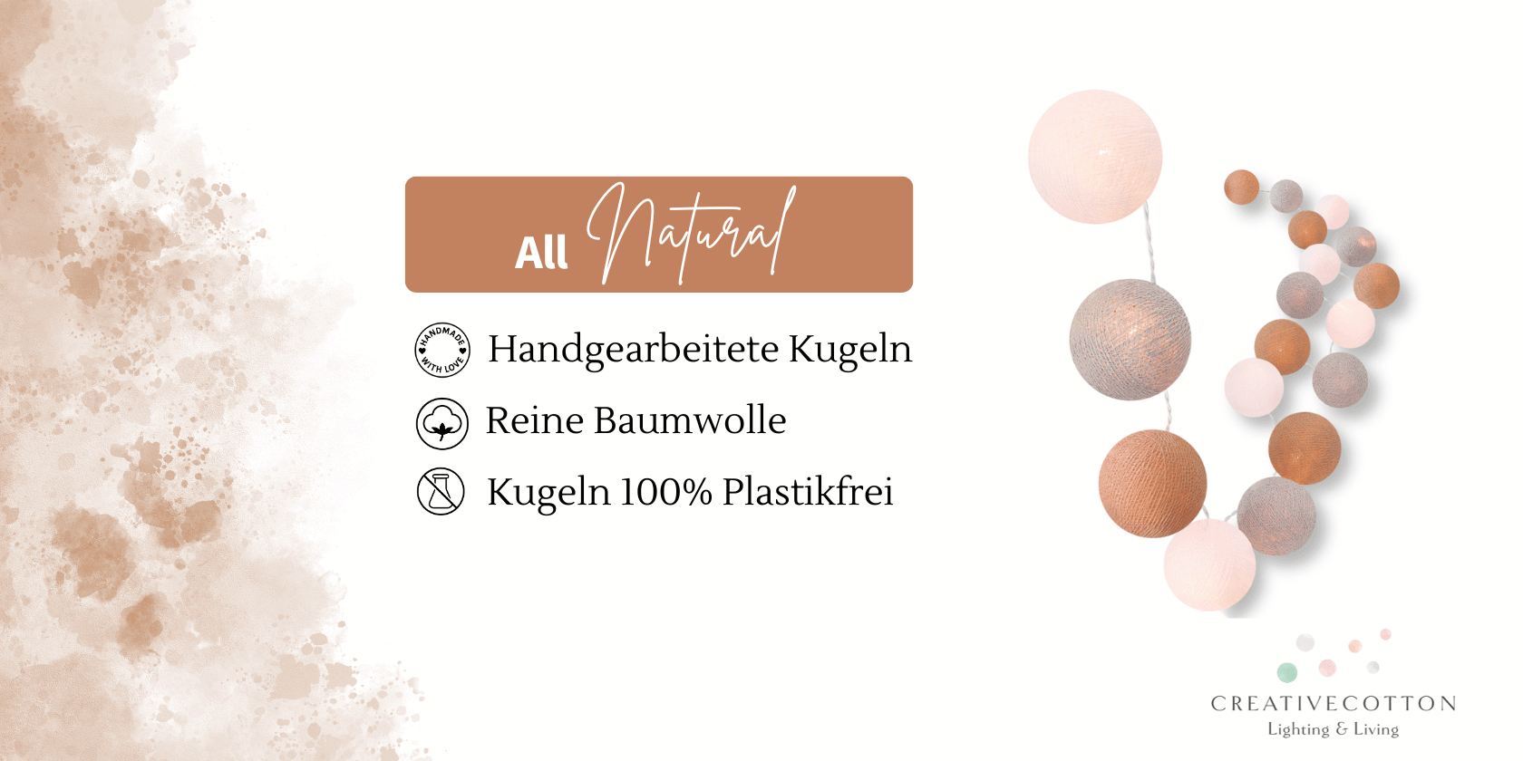 LED Kugellichterkette in Beige, Weiß und Grau – mit Schalter, weißem Kabel und warmweißem Licht, geeignet für Flur, Fensterbank oder Schlafzimmerdeko