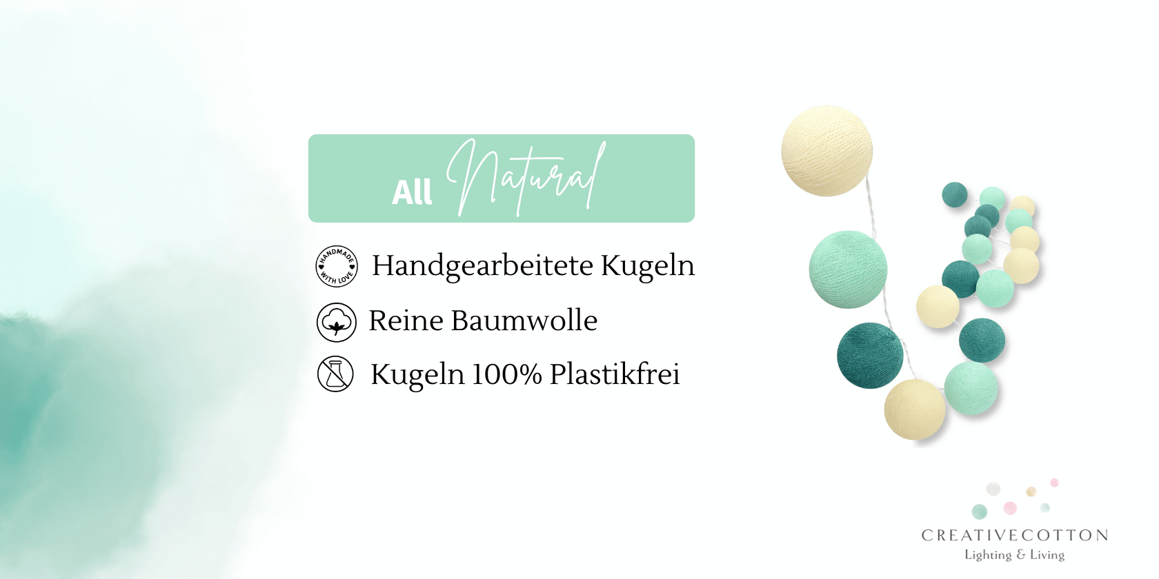 LED Deko-Lichterkette Aqua mit Kugeln in Blau, Creme und Mint – warmweißes Licht, ideal für Fensterrahmen oder als Wohnraumakzent, mit Batterie- Strombetrieb.