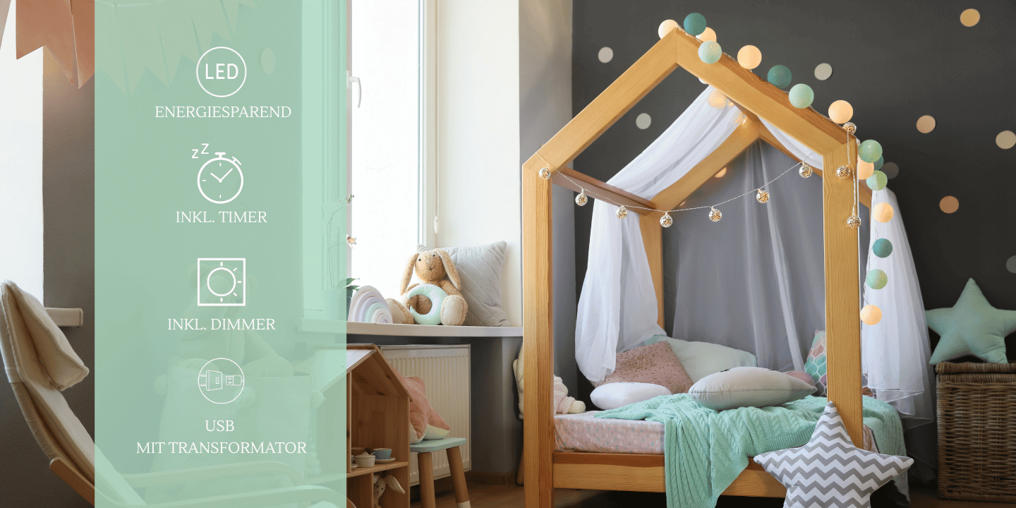 LED Lichterkette Aqua mit Kugeln in Mint, Creme und Blau – batteriebetrieben oder per USB, ideal als Schlummerlicht und Nachtlicht für Kinderzimmer oder Babyzimmer