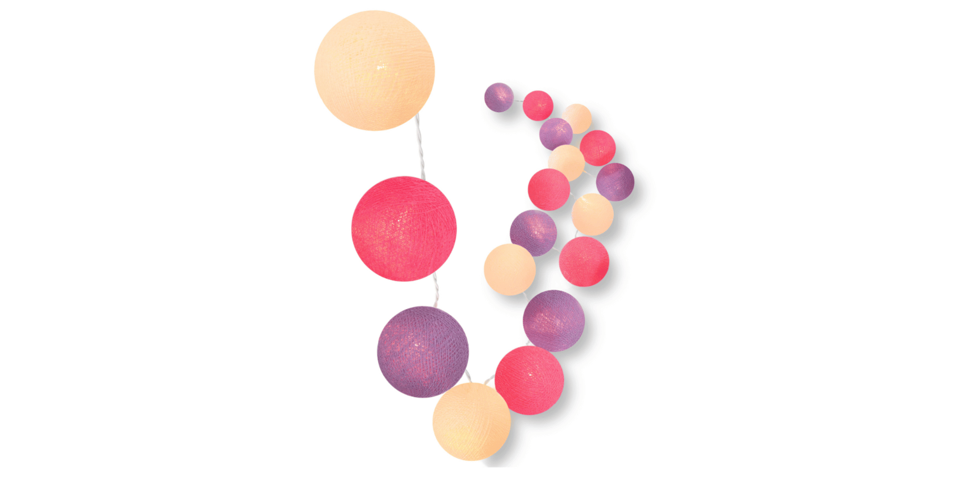 LED Kinderzimmer-Lichterkette mit Kugeln in Creme, Violett und Pink – warmweißes Licht, mit USB-Stecker, Timer und Dimmer, ideal für Babyzimmer oder als bunte Wanddeko im Wohnzimmer und Schlafzimmer.