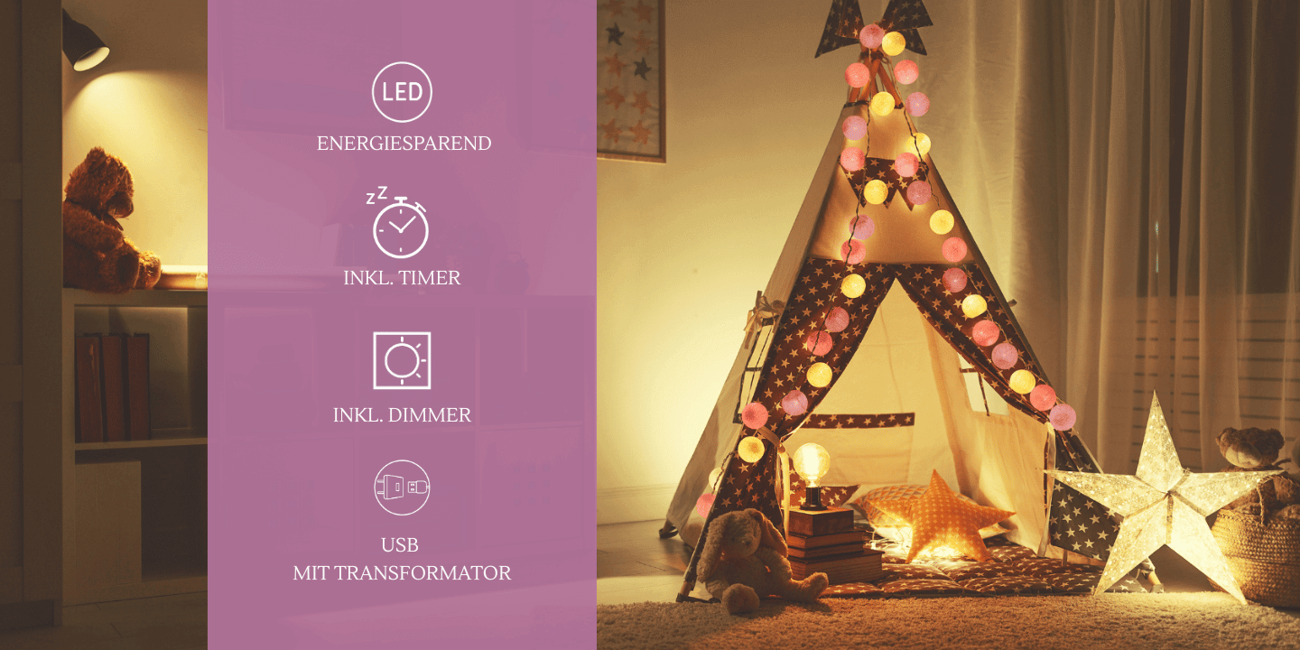 Bunte LED Kugellichterkette mit Baumwollkugeln in Pink, Lila und Creme – ideal für Babyzimmer, Dachschräge oder als stimmungsvolle Lichtgirlande mit Timer und weißem Kabel