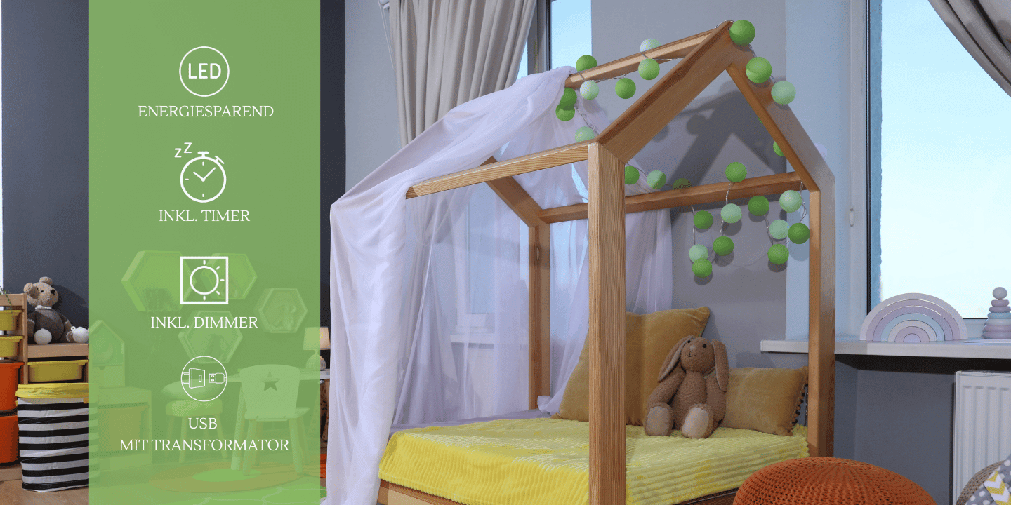 Sanfte LED Kinderzimmer-Lichterkette Blätterwald in Mintgrün und Hellgrün – warmweißes Nachtlicht mit Timer und Schalter, geeignet für Babyzimmer oder Wickeltisch
