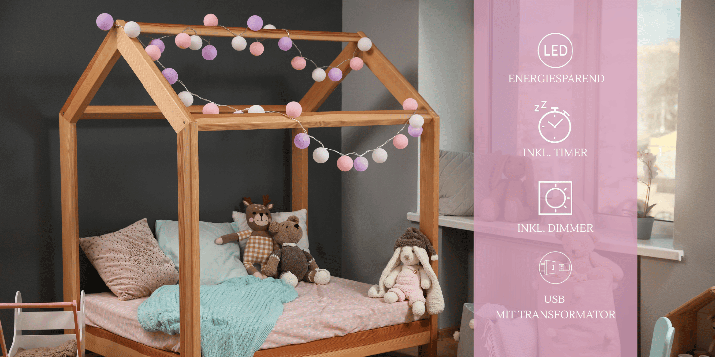 Deko LED Lichterkette Blumenwiese mit Kugeln in Weiß, Lila und Rosa – warmweißes Nachtlicht und Schlummerlicht für Kinderzimmer oder Babyzimmer.
