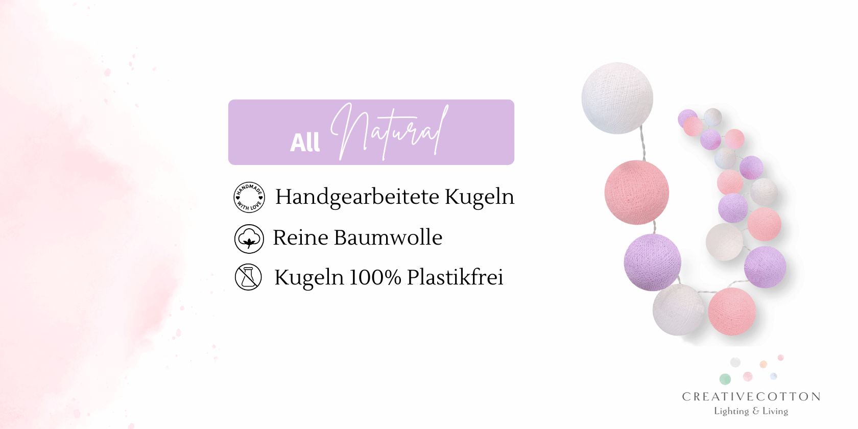 LED Lichterkette Blumenwiese mit Kugeln in Rosa, Weiß und Lila – Schlummerlicht und Nachtlicht mit USB-Anschluss für Mädchen- und Jungenzimmer.
