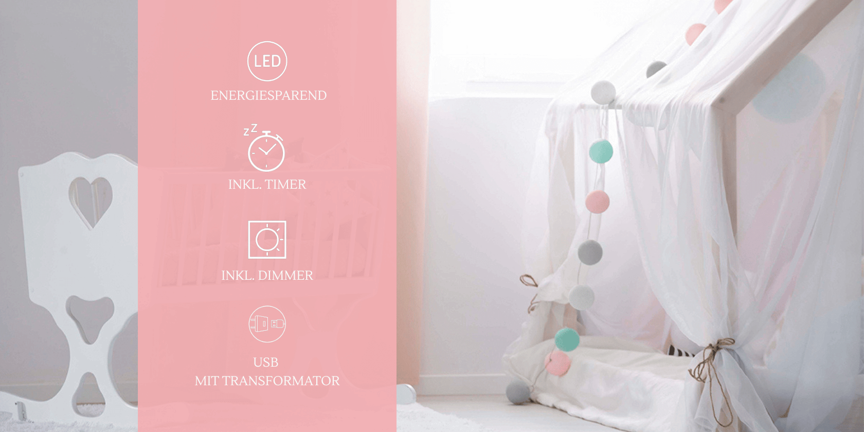 Bunte Kugellichterkette mit LED in Mint, Rosa, Weiß und Grau – Deko für Kinderzimmer oder Babybett, mit USB, Netzbetrieb, Schalter und warmem Licht für farbige Raumgestaltung
