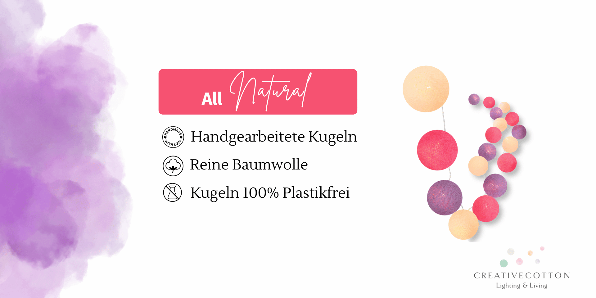 LED Dekolichterkette mit handgemachten Baumwollkugeln in Pink, Rosa, Violett und Creme – farbenfrohe Beleuchtung für Babyzimmer, Mädchenzimmer oder Wickeltisch, mit USB-Anschluss und Schalter.