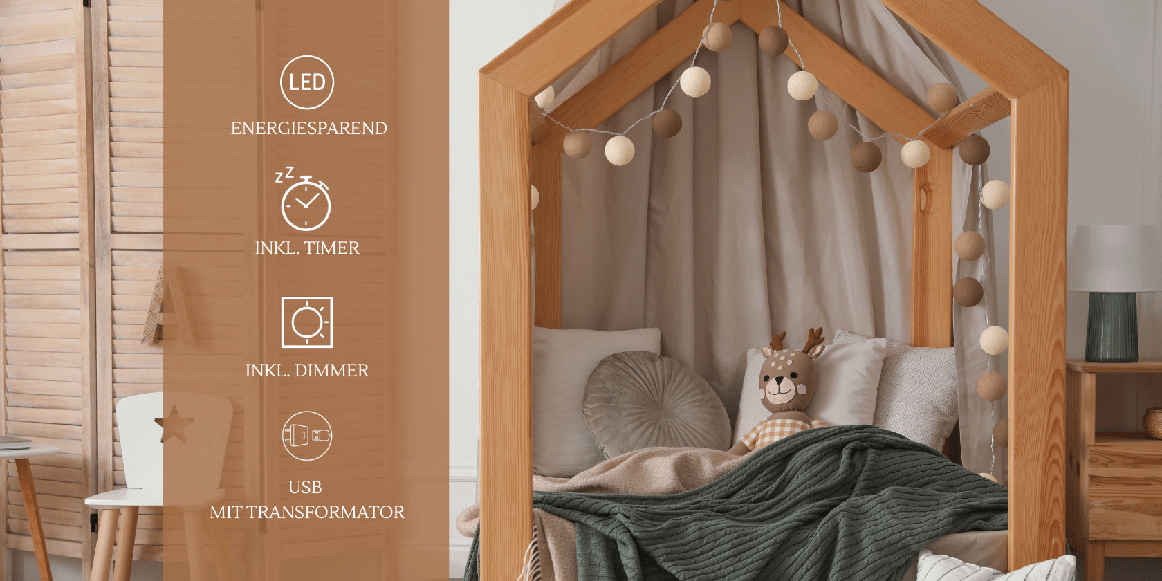 Handgemachte LED Dekolichterkette mit Baumwollkugeln in Braun und Creme, ideal als warme Innenbeleuchtung im Flur, am Bett oder im Babyzimmer – mit Timer, weißem Kabel, USB-Stecker und geeignet für den Netzbetrieb