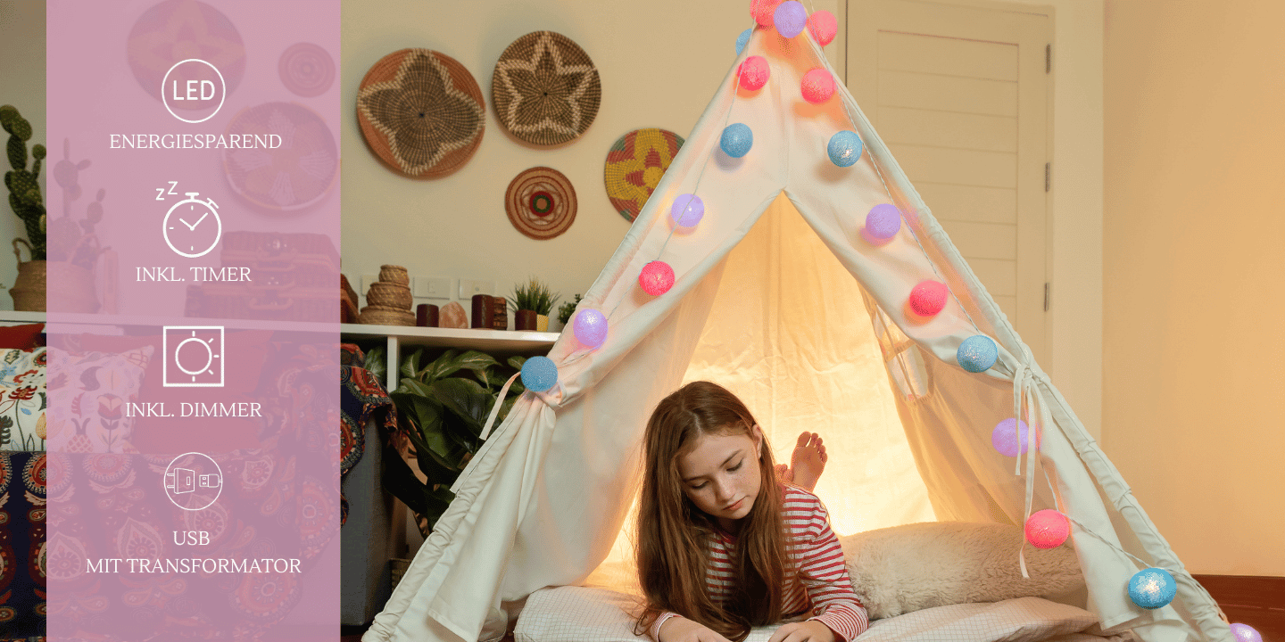 LED Schlummerlicht Colour mit Kugeln in Blau, Pink und Lila – warmweißes Licht mit Timer, perfekt als Lichterkette für Kinderzimmer oder Babyzimmer