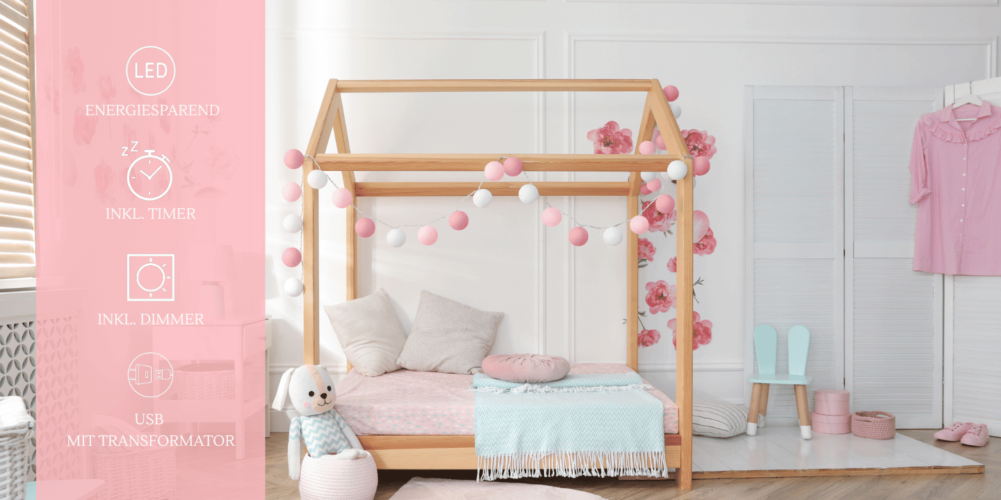Farbenfrohe LED Kugellichterkette Fairytale in Weiß, Rosa und Pink – warmweißes Licht für Spielbereich oder kreative Wandgestaltung im Mädchen- und Jungenzimmer