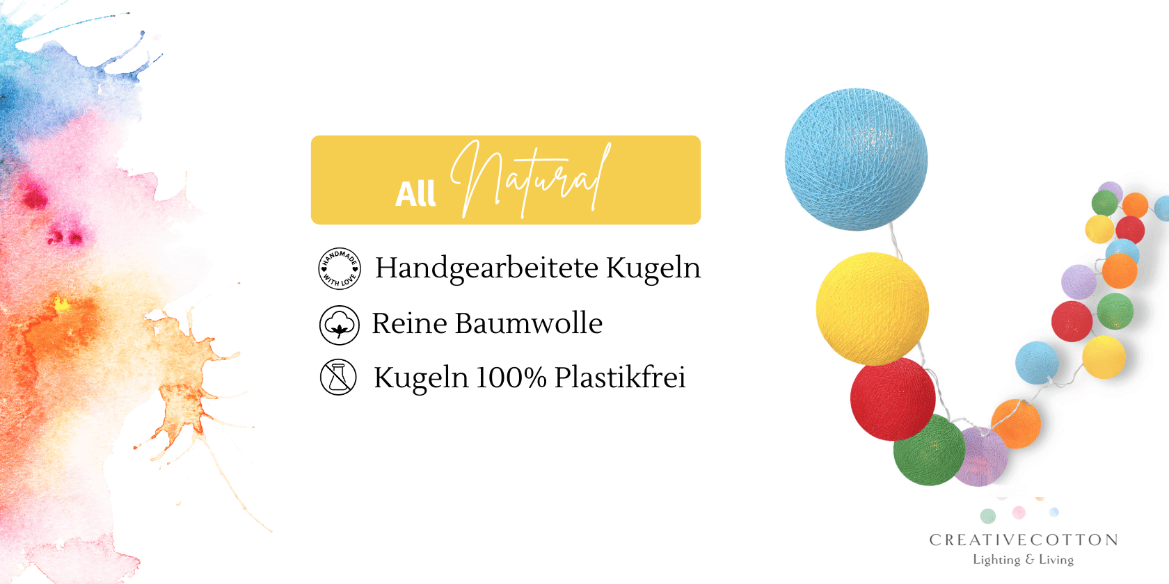 Bunte LED Kinderzimmer-Lichterkette Fiesta mit Kugeln in Rot, Blau, Grün, Gelb und Violett – warmweißes Schlummerlicht für Spielbereich oder Kinderschlafzimmer.