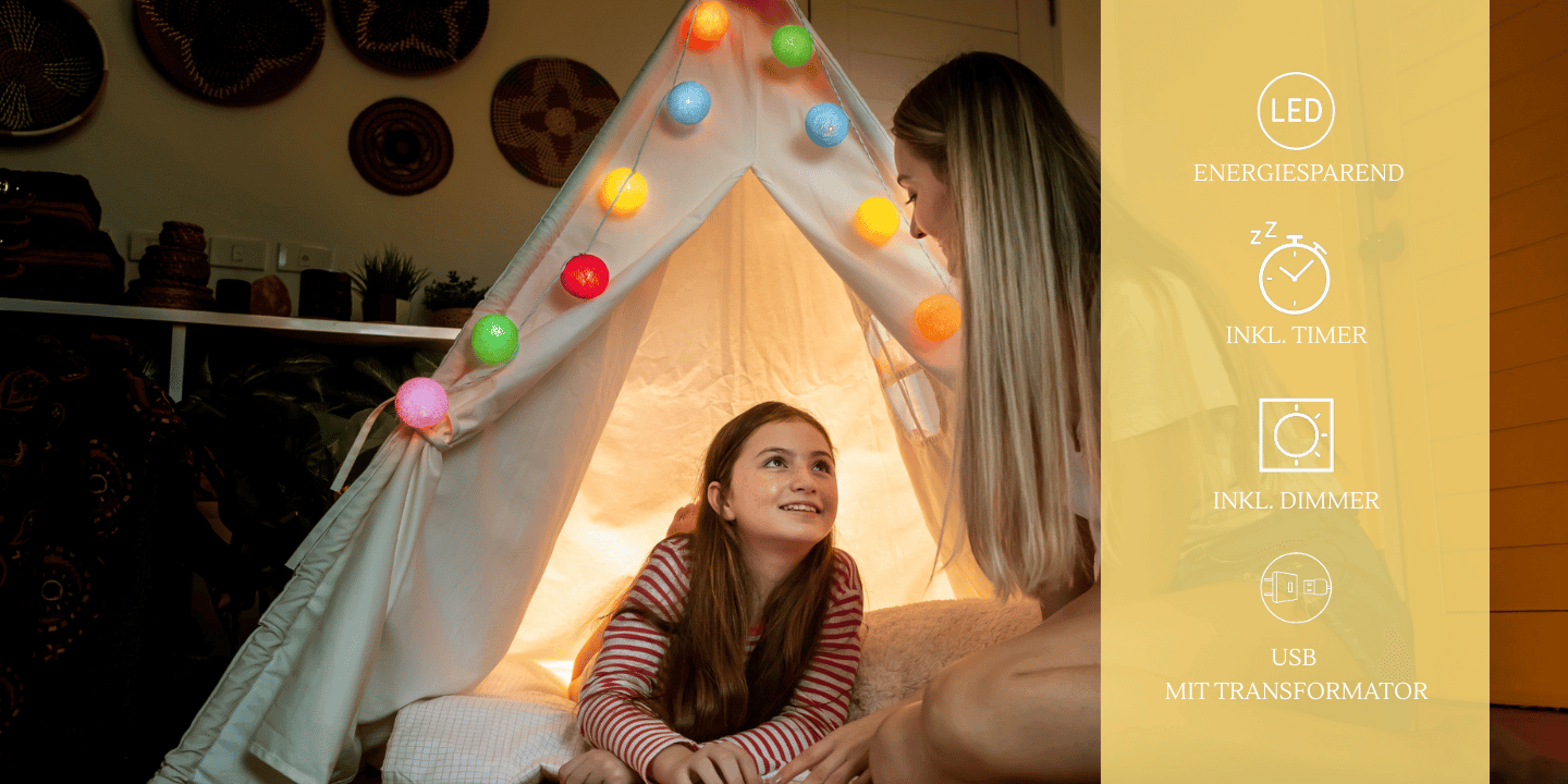 Farbenfrohe LED Lichterkette Fiesta mit Kugeln in Blau, Rot, Violett, Grün und Gelb – warmweißes Nachtlicht zur Einschlafhilfe im Kinderzimmer