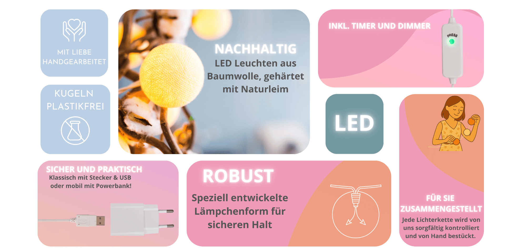 LED Lichterkette mit handgearbeiteten Kugeln aus Baumwolle in Rosa, Beige, Grau, Weiß, Blau und Grün – Lichtgirlande mit USB-Stecker, Timer und Dimmer, ideal für Zelt, Powerbank oder Steckdose, mit weißem Kabel