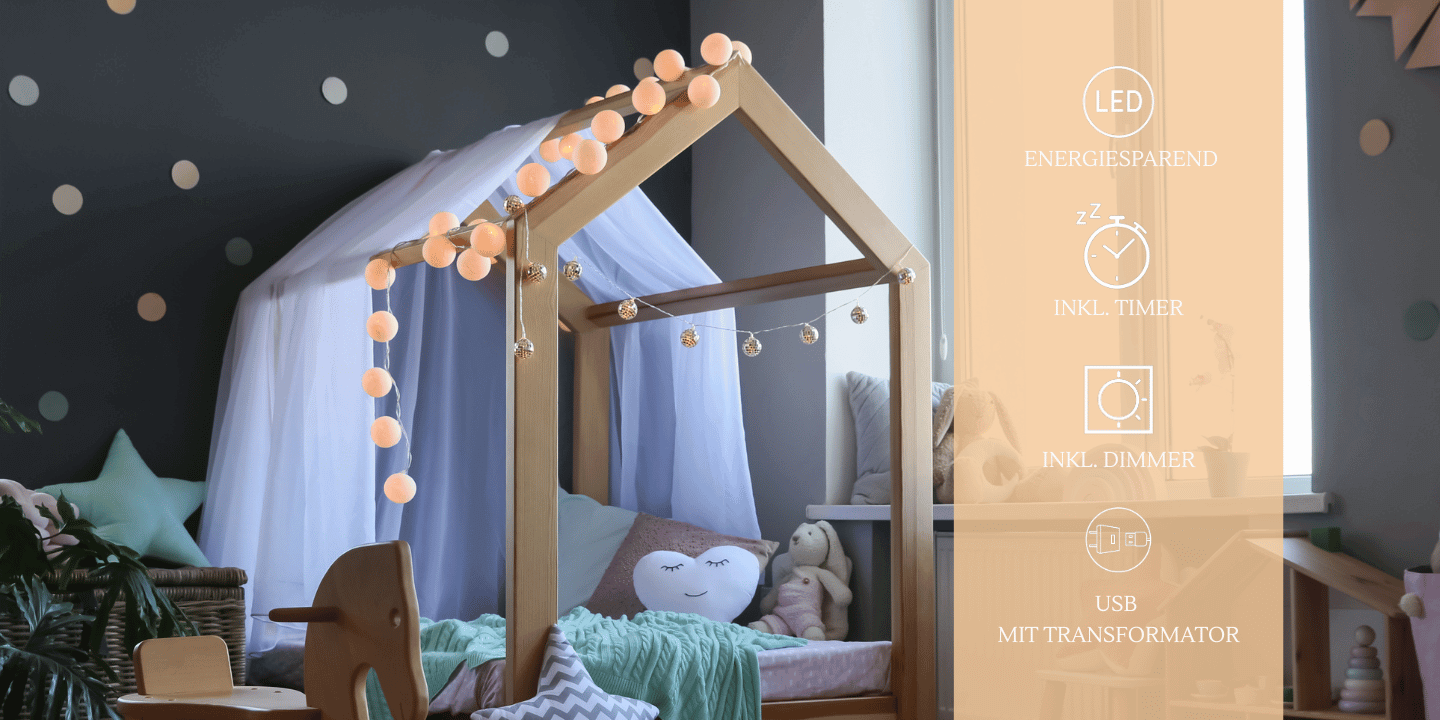 LED Lichterkette Honey mit Kugeln in Creme – Girlande mit warmweißem Licht für Wandgestaltung in Wohnzimmer und Schlafzimmer.