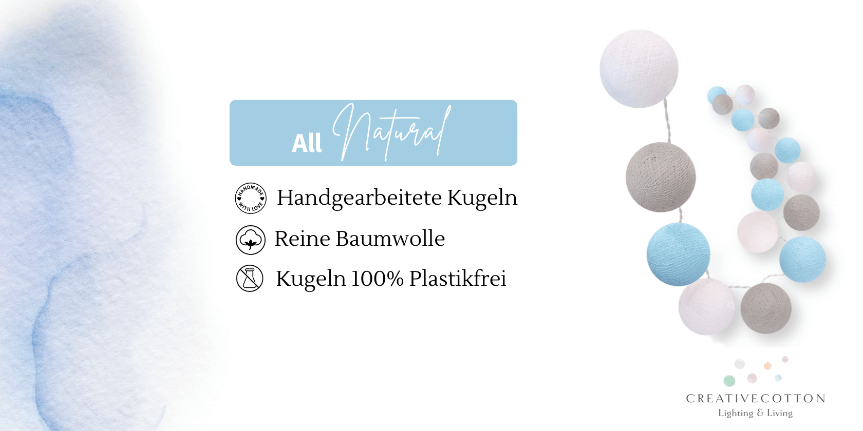 Dekorative LED Kugellichterkette Maritim in Weiß, Grau und Hellblau – warmes Licht, perfekt für Flur, Fensterrahmen, im Schlafzimmer oder im Wohnzimmer.