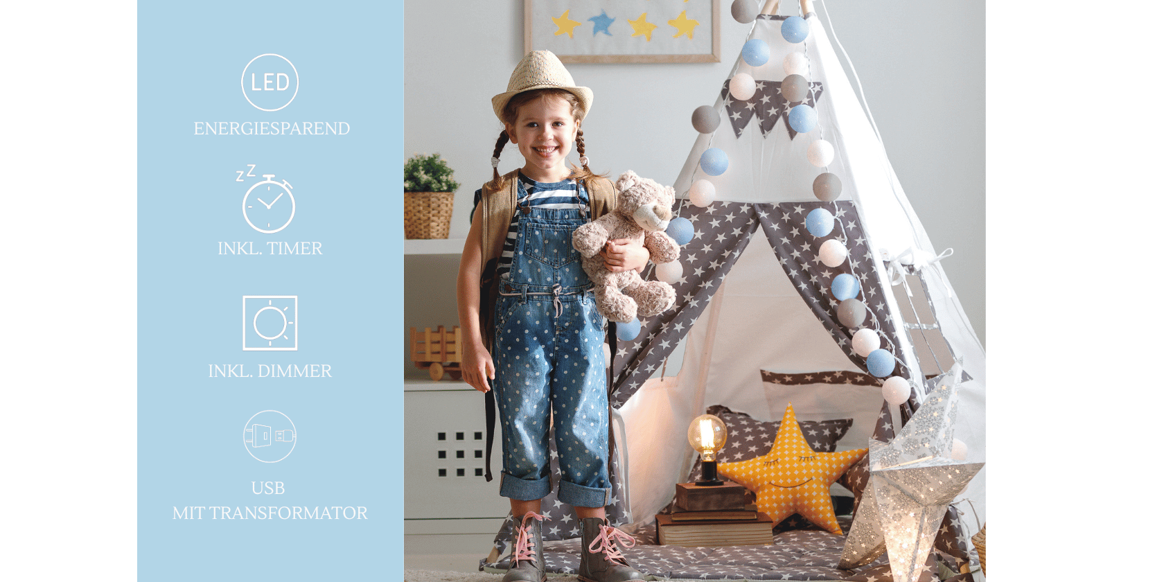 LED Dekolichterkette Maritim in Weiß, Hellblau und Grau – mit Timer und warmweißem Licht, ideal für Kinderzimmer, Wickeltisch oder als dezente Fensterbeleuchtung
