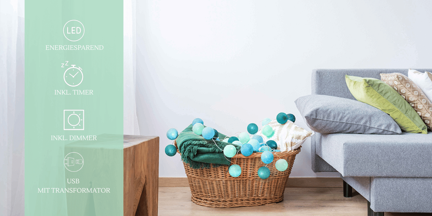 LED Deko-Lichterkette Meeresbrise mit Kugeln in Blau, Mint und Türkis – dekorative Lichtquelle für Flur, Wand oder modernes Wohnzimmer