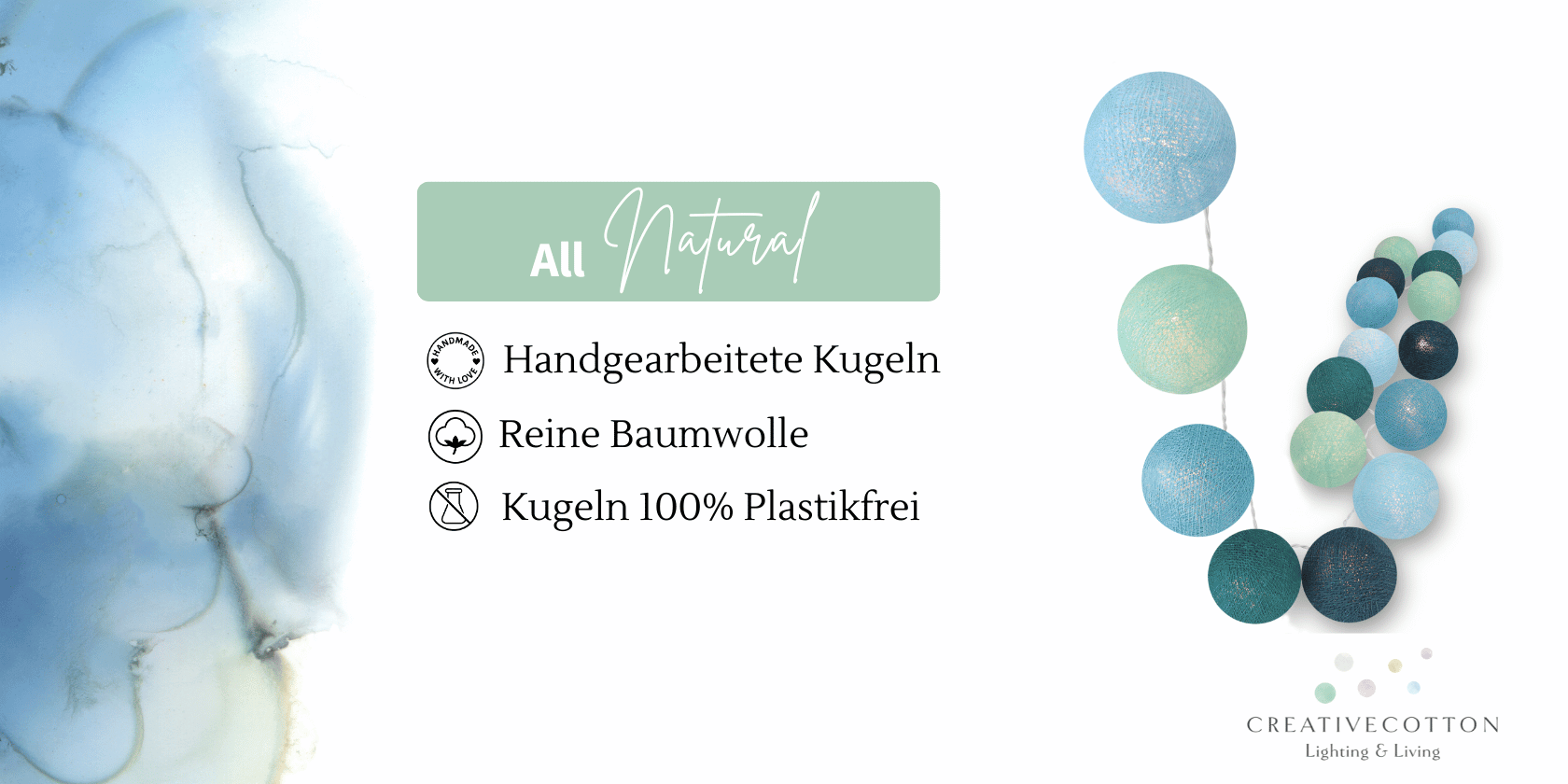 Beruhigende LED Lichtgirlande Meeresbrise mit Kugeln im Blau, Mint und Türkis – warmweißes Licht, dimmbar, ideal als Schlafzimmerdeko oder ruhige Wandbeleuchtung.