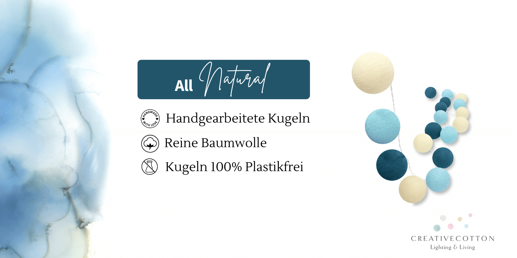 LED Lichterkette Ocean mit Kugeln in Blau und Creme – warmweißes Licht für Wohnzimmer, Regal oder stilvolle Wandgestaltung. Strom- und Batteriebetrieben.
