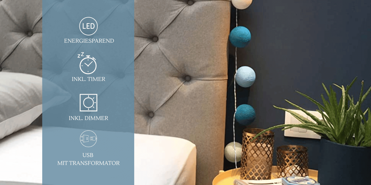 LED Lichtgirlande Ocean mit Kugeln in Blau und Creme – warmweißes Licht, strom- oder batteriebetrieben, ideal für Schlafzimmer oder Kinderzimmer.