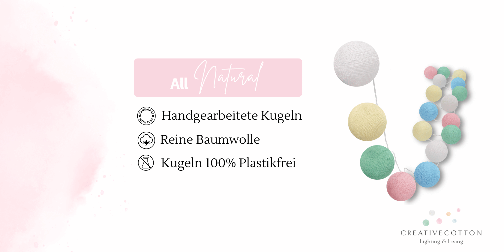 Bunte LED Kugellichterkette in Pastellrosa, Blau und Grün – mit Powerbank nutzbar, warmweißes Licht und weißem Kabel, perfekt für Kinderzimmer oder Spielzelt.