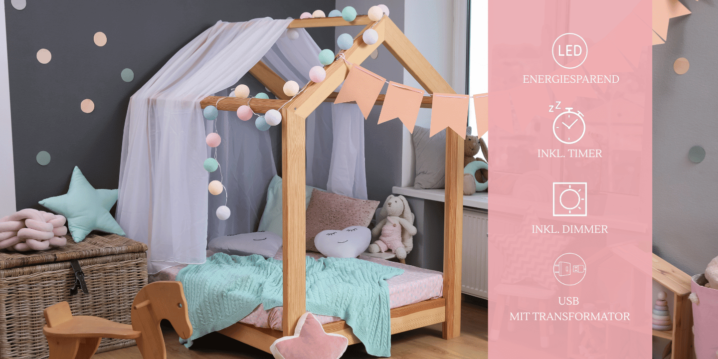 LED Lichtgirlande mit Baumwollkugeln in Rosa, Grün und Blau – dimmbare Kinderzimmerbeleuchtung mit Schalter und weißem Kabel, ideal für Babybett oder Wickelkommode