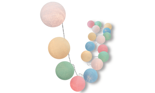 Pastellfarbene LED Dekolichterkette mit Kugeln in Rosa, Blau und Grün – mit Timer, warmweißem Licht und USB-Anschluss, ideal für Babyzimmer oder als ruhige Fensterdeko