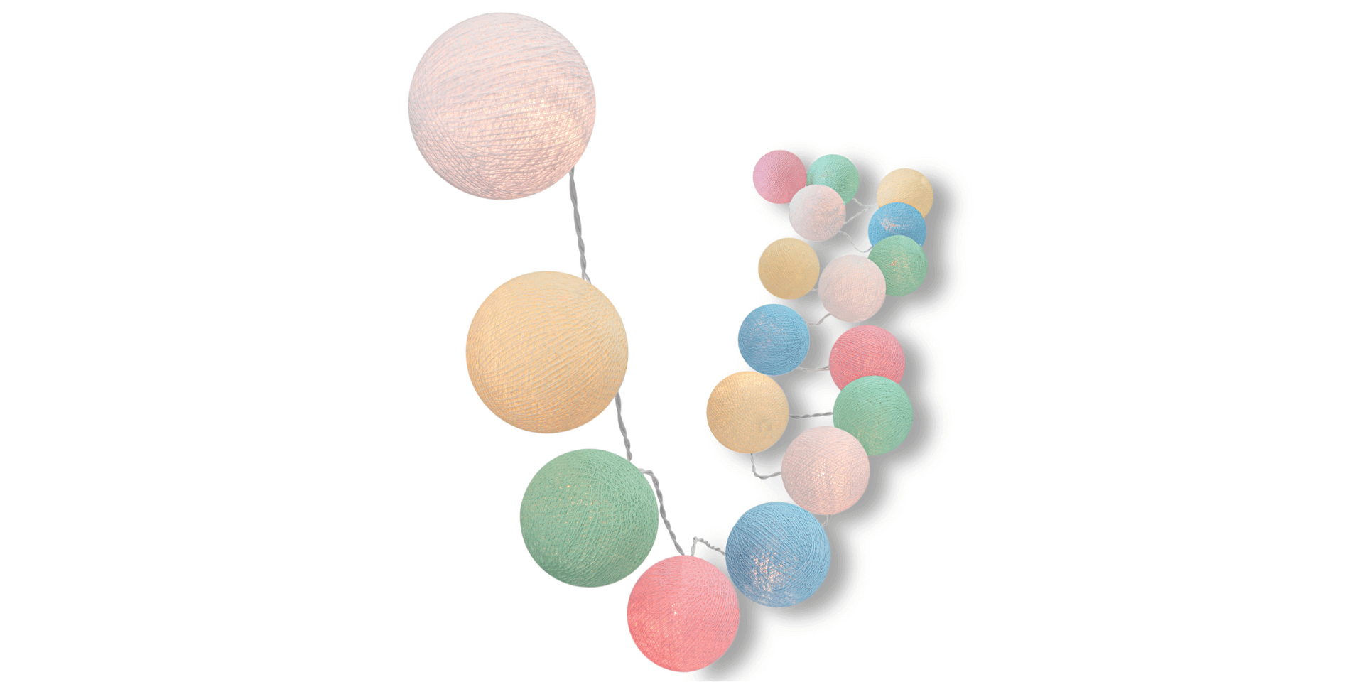 Pastellfarbene LED Dekolichterkette mit Kugeln in Rosa, Blau und Grün – mit Timer, warmweißem Licht und USB-Anschluss, ideal für Babyzimmer oder als ruhige Fensterdeko