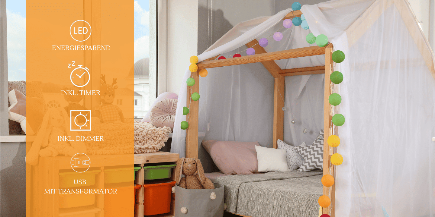 LED Deko-Lichterkette Regenbogen mit bunten Baumwollkugeln – warmweißes Licht für Kinderzimmer oder Spielbereich
