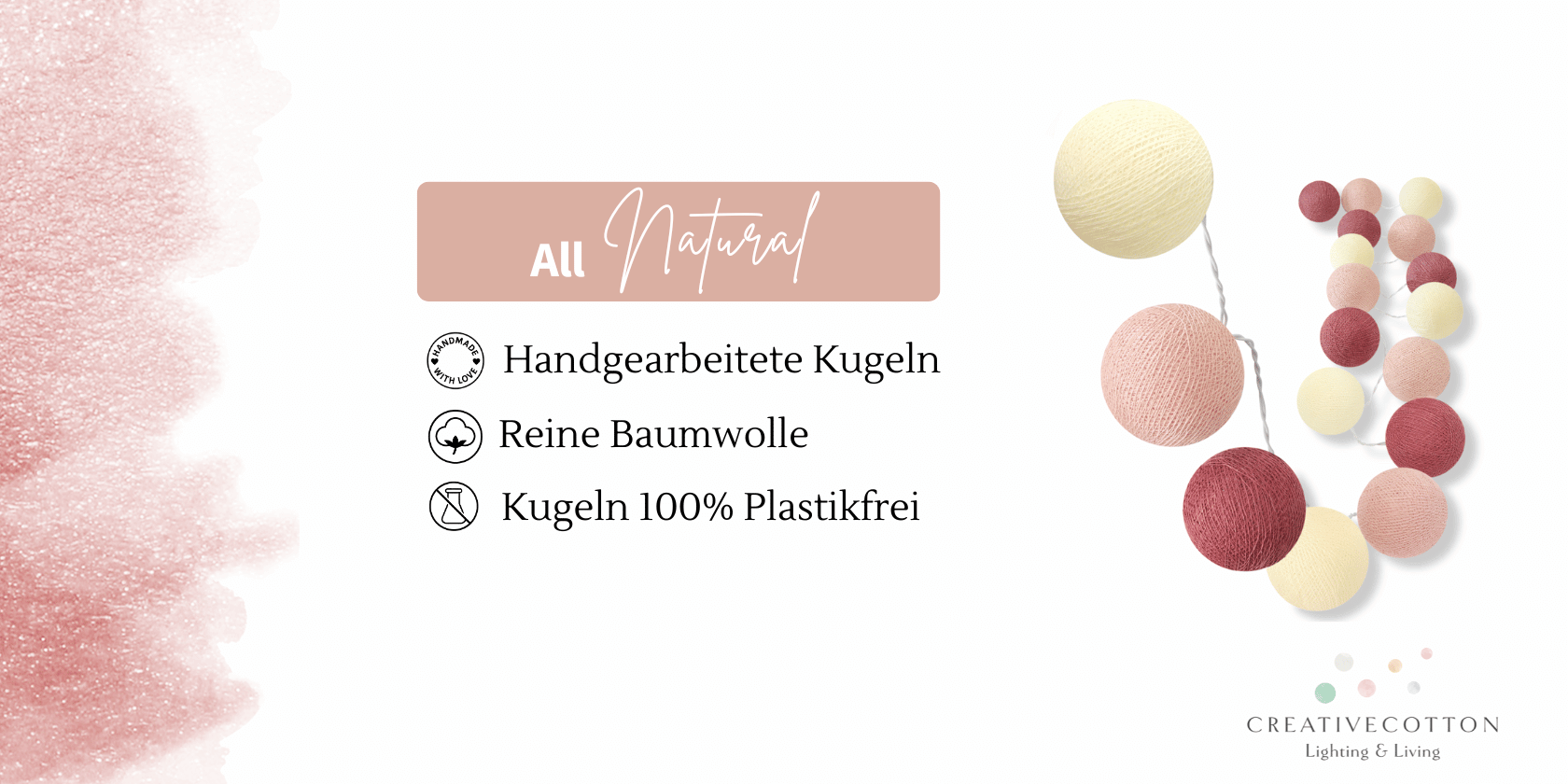 LED Lichterkette Rosengarten mit Kugeln in Creme, Altrosa und Nude – batteriebetrieben oder strombetrieben, warmweißes Licht für entspannte Abendbeleuchtung in Schlafzimmer und Wohnzimmer.