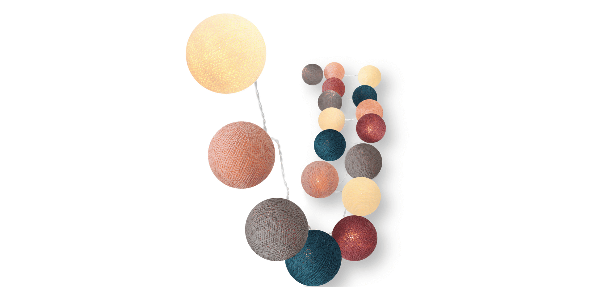 LED Lichterkette mit handgearbeiteten Kugeln aus Baumwolle in den Farben Creme, Nude, dunkel Grau, dunkel Blau und Old Rose. Ideal als Dekoration in Schlafzimmer, Wohnzimmer und Kinderzimmer - mit warmweißem Licht, inklusive USB-Stecker und Netzteil für die Steckdose.