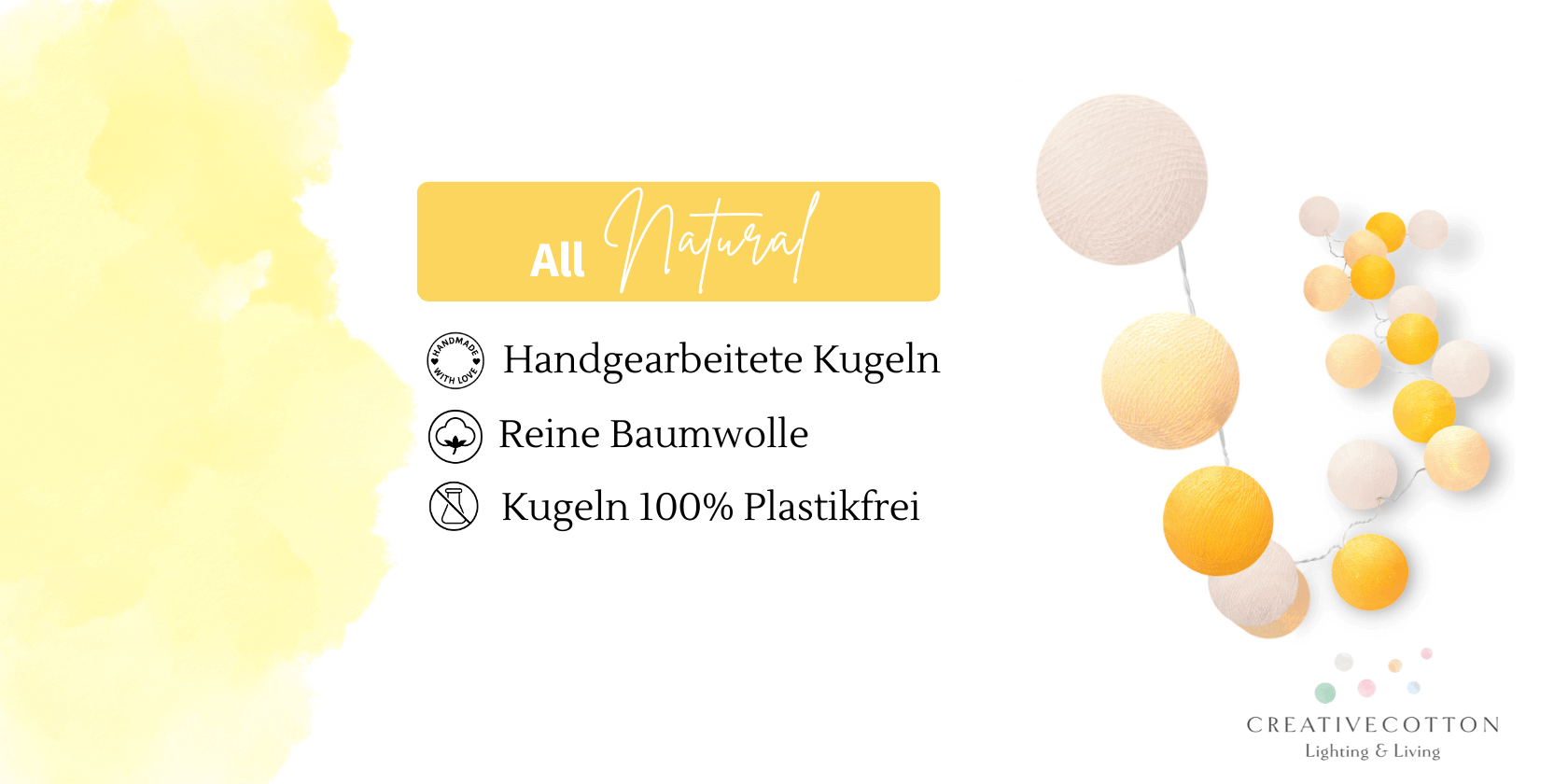 LED Dekolichterkette Sommerbrise mit Baumwollkugeln in Gelb, Creme und Weiß – warmes Nachtlicht für Babyzimmer und Kinderzimmer oder Wickelbereich, mit Timer und Schalter.