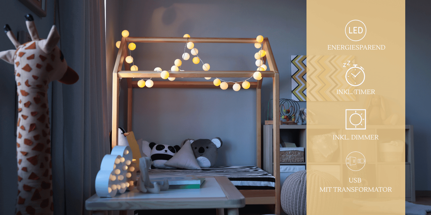 Innenraum-Lichterkette Sommerbrise mit LED-Kugeln in Weiß, Creme und Hellgelb – ideal für Spielbereich oder Kinderzimmerdeko mit warmem Licht und USB-Betrieb