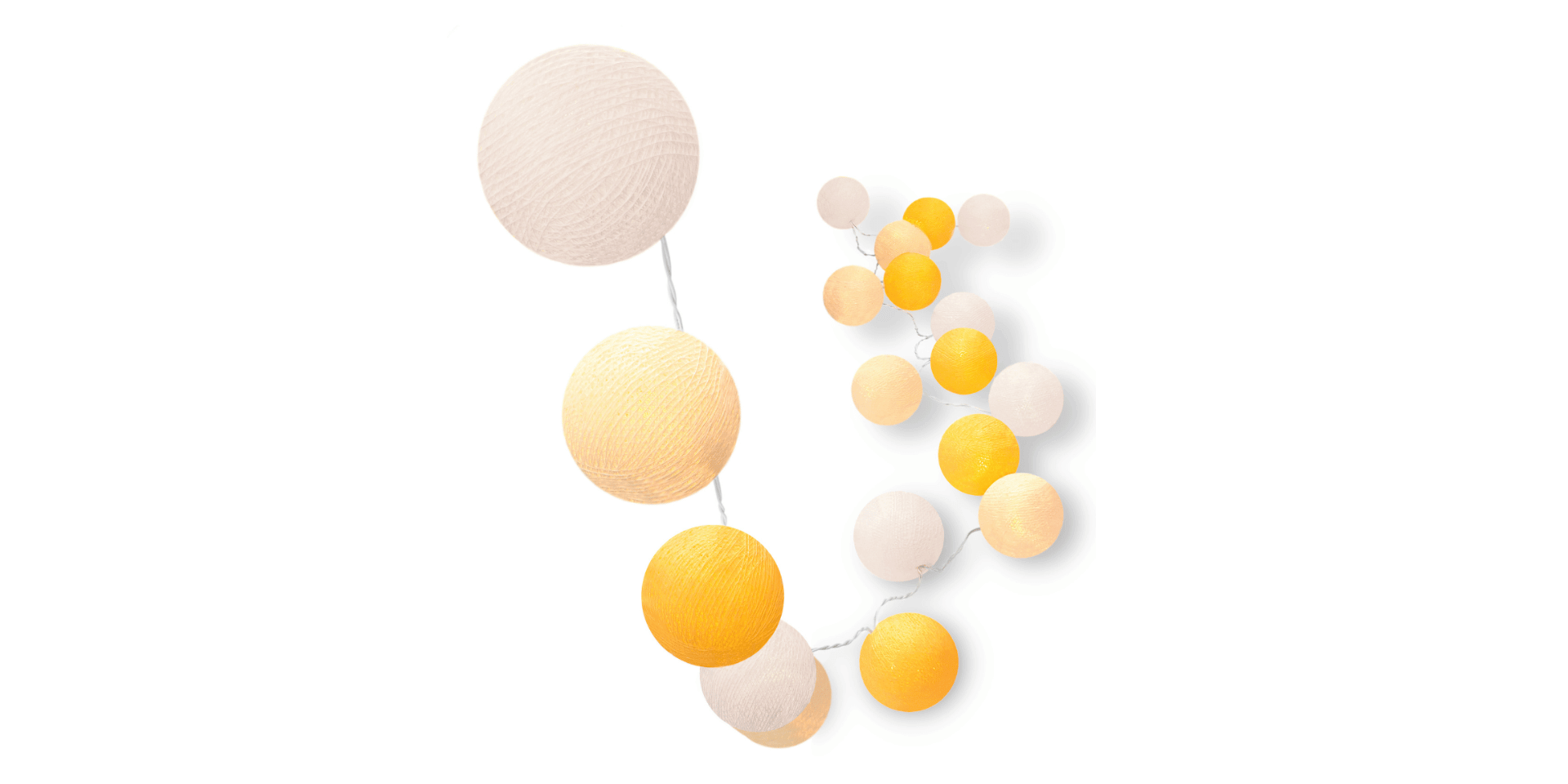 Helle LED Lichterkette Sommerbrise mit Kugeln in Weiß, Creme und Gelb – warmweißes Licht, USB-Anschluss, ideal für Kinderzimmer und Babyzimmer oder als Fensterdeko im Wohnzimmer.