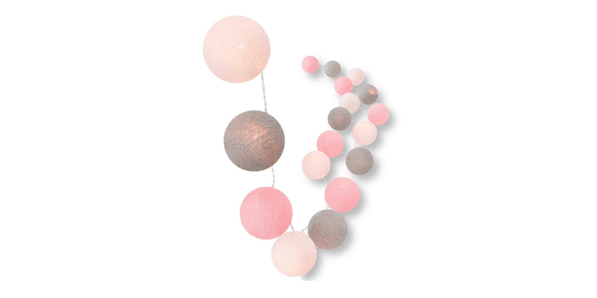 LED Cotton Ball Lichterkette Home Sweet Home mit weißen, rosa und grauen Kugeln – warmweißes Schlummerlicht, strom- oder batteriebetrieben, ideal fürs Baby- und Kinderzimmer