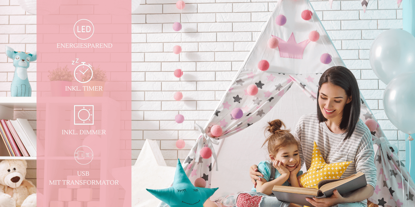 Sanfte LED Lichtergirlande mit Baumwollkugeln in Pink, Violett und Rosa – warmweißes Licht, mit Schalter und Timer, perfekt für das Babyzimmer oder den Wickelplatz
