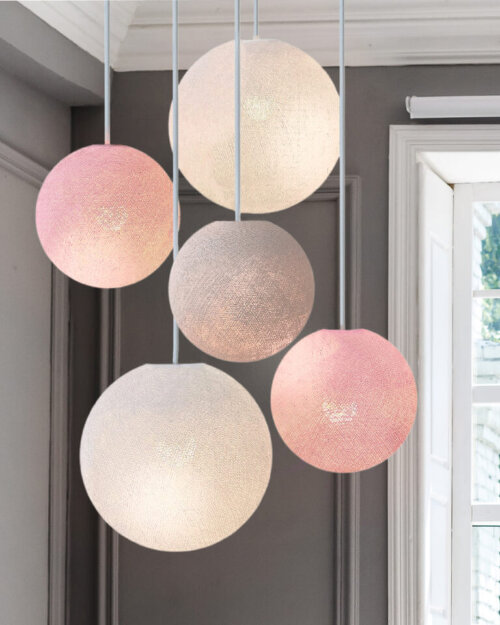 CREATIVECOTTON LED Pendant Light with five handcrafted cotton balls 'Home Sweet Home' featuring the colours White, Grey and Pink