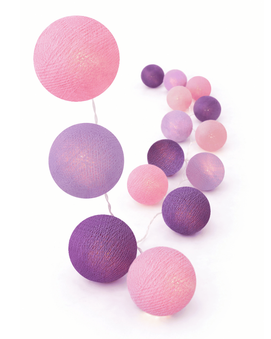 led-lichterkette-rosa-violett-hell-kugeln-kinderzimmer-babyzimmer-jugendzimmer-baumwolle-cotton-ball-wohnzimmer LED Kugellichterkette Purple mit rosa und violetten Baumwollkugeln – warmweißes Licht, stimmungsvolle Wohnzimmer-Deko im sommerlichen Look