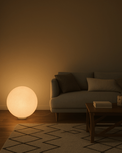 Weiße LED Bodenlampe mit Kugel – ideal für Wohnzimmer, Schlafzimmer oder Kinderzimmer. Moderne Bodenleuchte für warmes Licht.