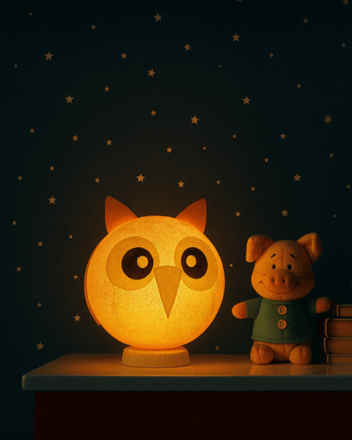 Kinderzimmerlampe mit Eulenmotiv als Nachtlicht – warmes, augenfreundliches LED-Schlummerlicht auf dem Nachttisch, beruhigend und dekorativ.