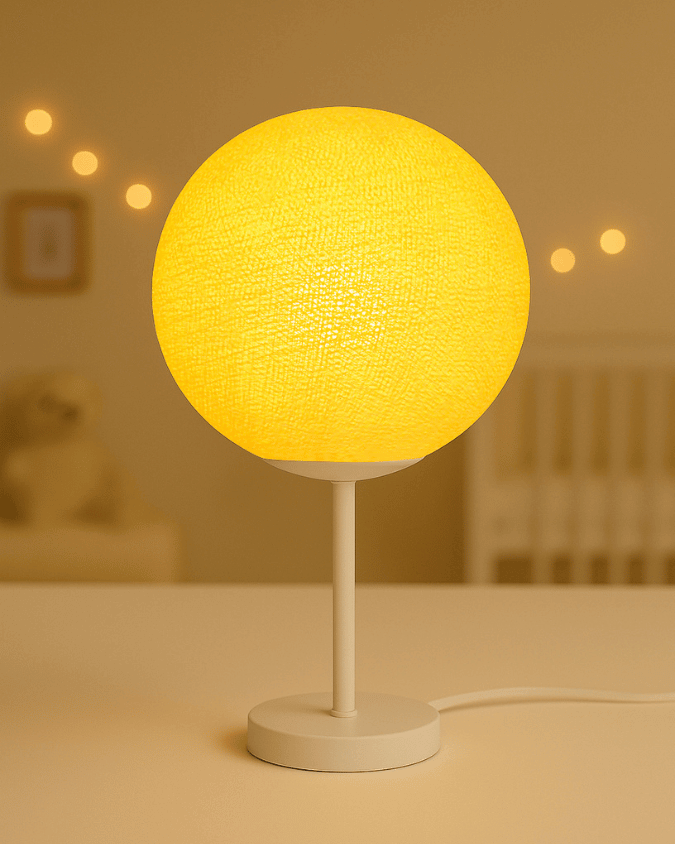 LED Lampe Leuchte Tischlampe Tischleuchte gelb Kinderzimmer Wohnzimmer Schlafzimmer Jugendzimmer Mädchen Kugel Kugellampe Gelbe Tischleuchte mit handgefertigter Kugel und stabilem weißen Standfuß. Diese LED Lampe sorgt für sanftes, augenfreundliches Licht im Kinderzimmer, Babyzimmer oder Jugendzimmer und bringt warme Gemütlichkeit auf den Nachttisch.