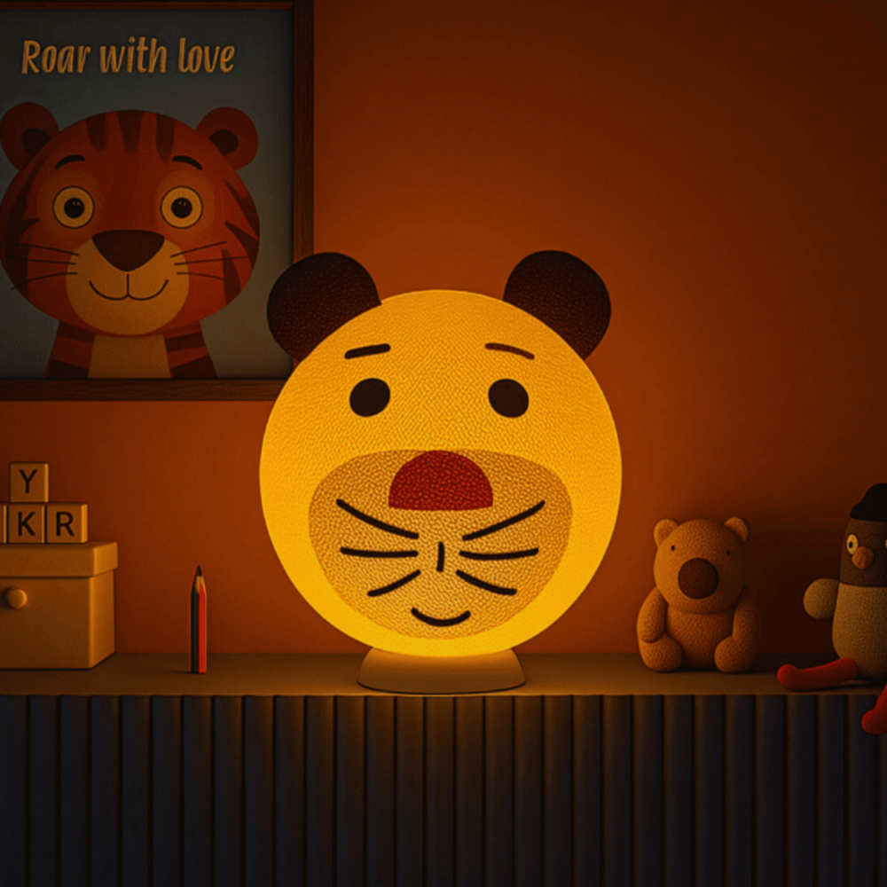 LED Tigerlampe in Gelb mit Streifen – dezente Nachtleuchte für Nachttisch oder Regal.