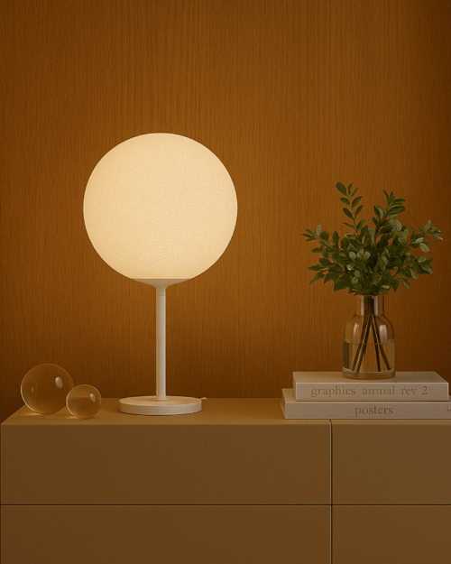 Elegante Tischlampe mit handgearbeiteter Baumwollkugel in Weiß auf schlankem Standfuß; warmweißes LED-Licht sorgt für stimmungsvolle Akzente im Wohnzimmer.