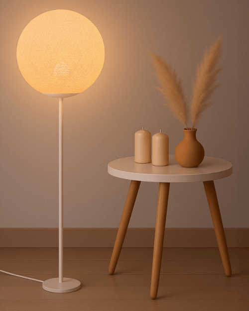 Stehlampe mit handgefertigter Baumwoll-Kugel, LED warmweiß; schlanker weißer Standfuß neben Sofa – gemütliche Ambientebeleuchtung fürs Wohnzimmer im Scandi/Boho-Look.