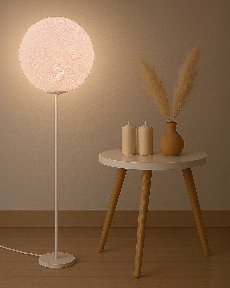led-lampe-leuchte-bodenlampe-bodenleuchte-weiss-creme-kinderzimmer-wohnzimmer-schlafzimmer-jugendzimmer-madchen-kugel-kugellampe-schalter3 Stehlampe mit handgefertigter Baumwoll-Kugel, LED warmweiß; schlanker weißer Standfuß neben Sofa – gemütliche Ambientebeleuchtung fürs Wohnzimmer im Scandi/Boho-Look.